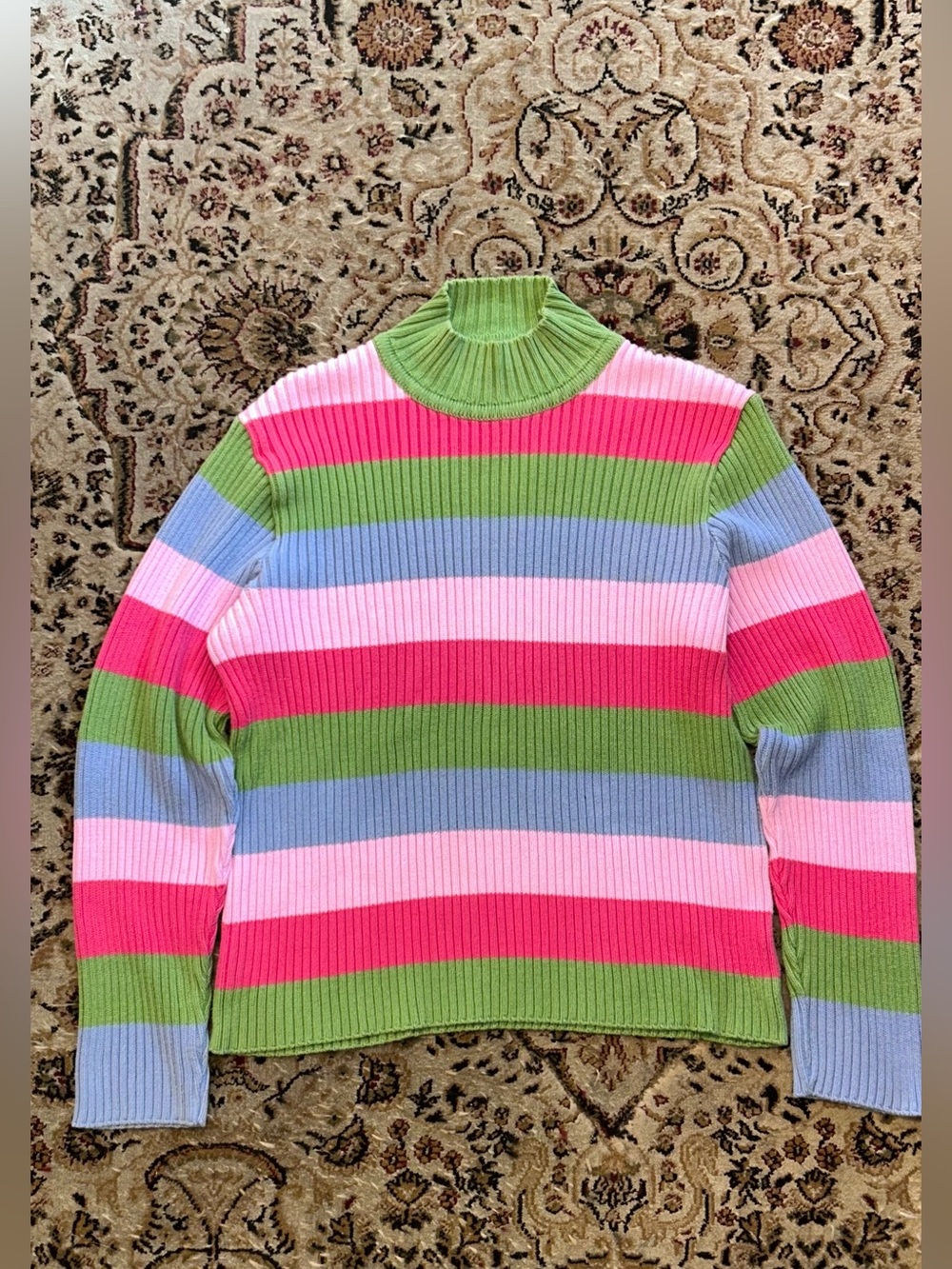 Parkhurst Canada Women XL Ribbed Mock Neck Striped Cotton Knit Sweater VTG Y2K